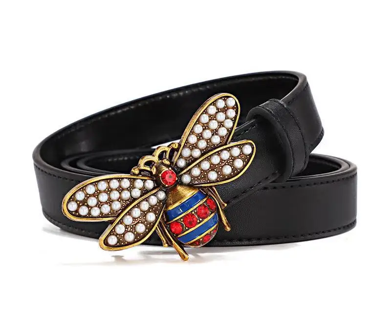 High Quality Vintage Designer Black Waist genuine Leather Bee buckle Belt For Women