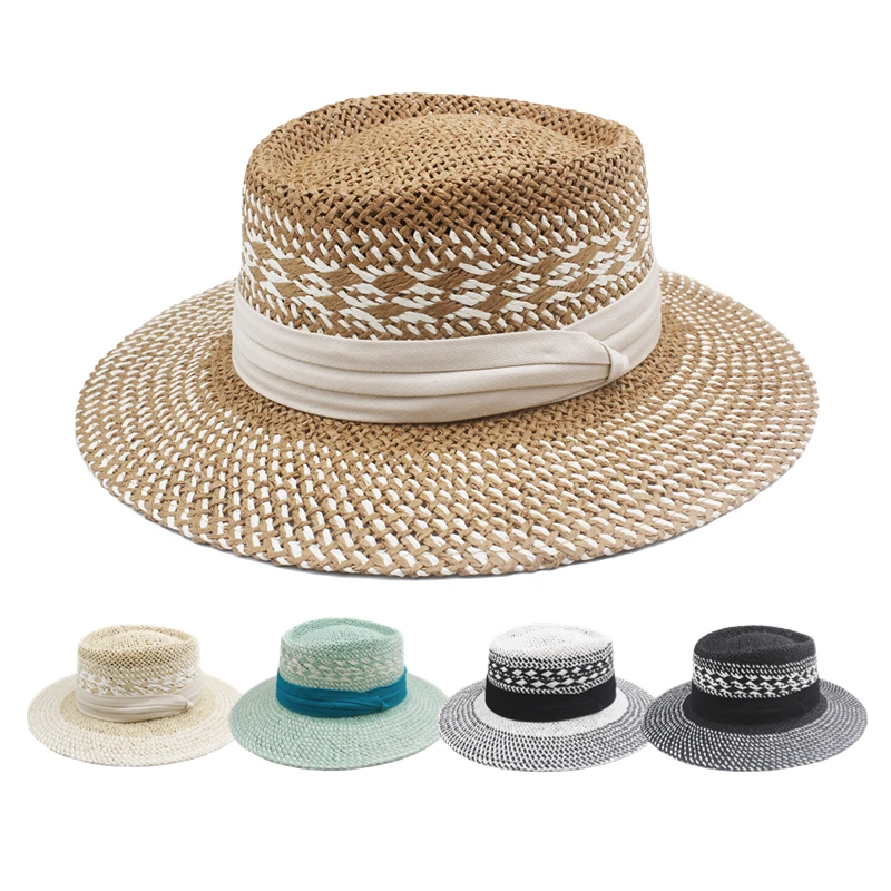 Vintage Womens Straw Boater Skimmer Hat Travel Wide Brim Sun Cap Variegated Summer Straw Beach Sun Hat