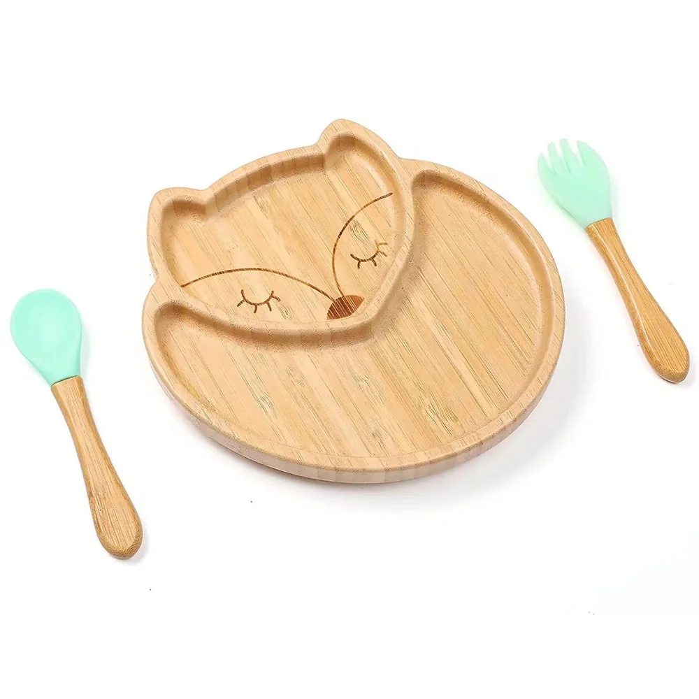 Cartoon Bamboo Food Serving Tray and Bowl Set for Kid Cute Dinnerware With Silicone Spoon Fork Bamboo Baby Bowl and Plate Set