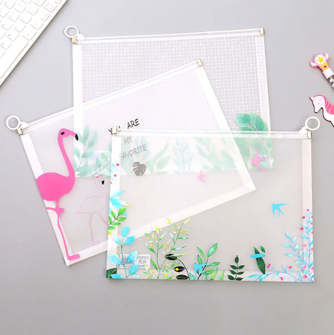 Multi-functional transparent paper bag a4 plastic pp file bag office materials creative stationery cartoon zipper bags custom
