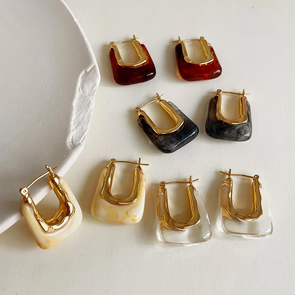 Wholesale 2022 Resin Colorful Earrings Solid Acrylic Chunky Big Hoop Earrings for Women Square Vintage Gold Plated Jewelry Hot