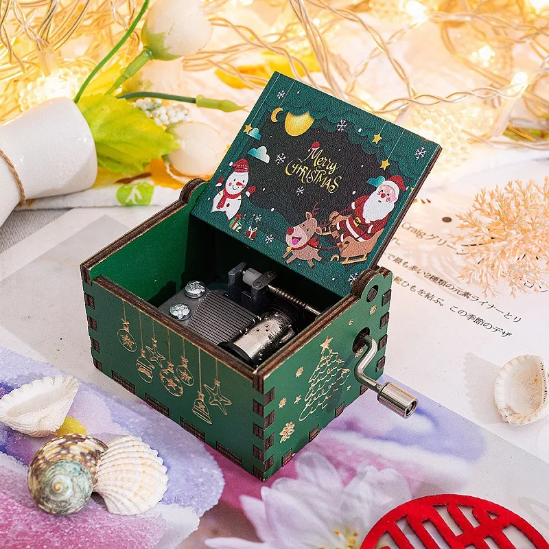OEM Creative Gift Merry Christmas Hand Crank Mini Wood Music Box With Your Design