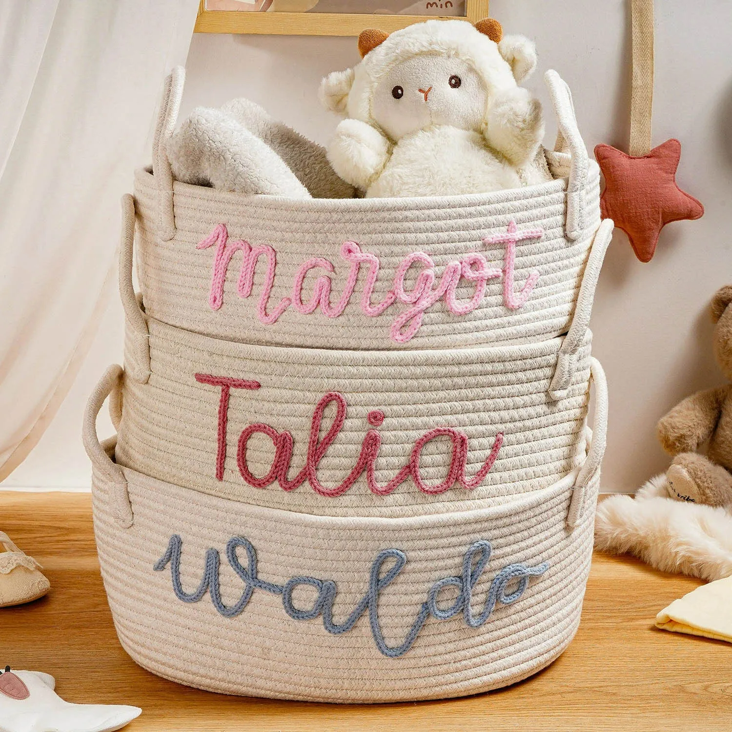 Custom Name Small Cotton Rope Woven Basket with Handles Easter Basket Cute Baby Gift Storage Baskets for Toy