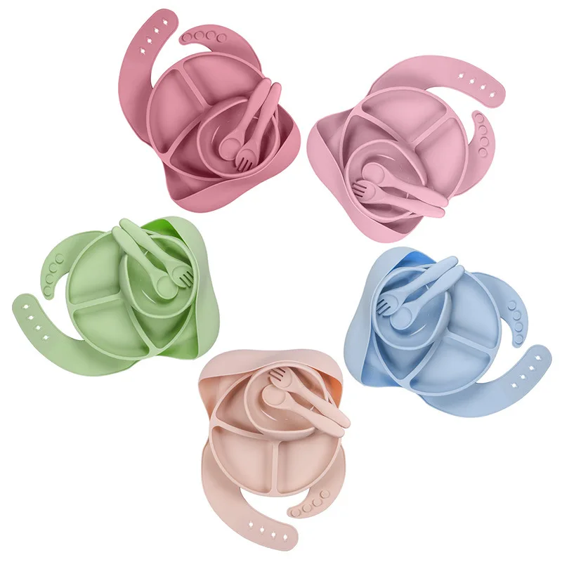 BPA Free Custom Logo Cheap 5PCS 7PCS Kids Silicone Plate Baby Plates Bowl Bottle Gift Sets Silicone Baby Feeding Sets