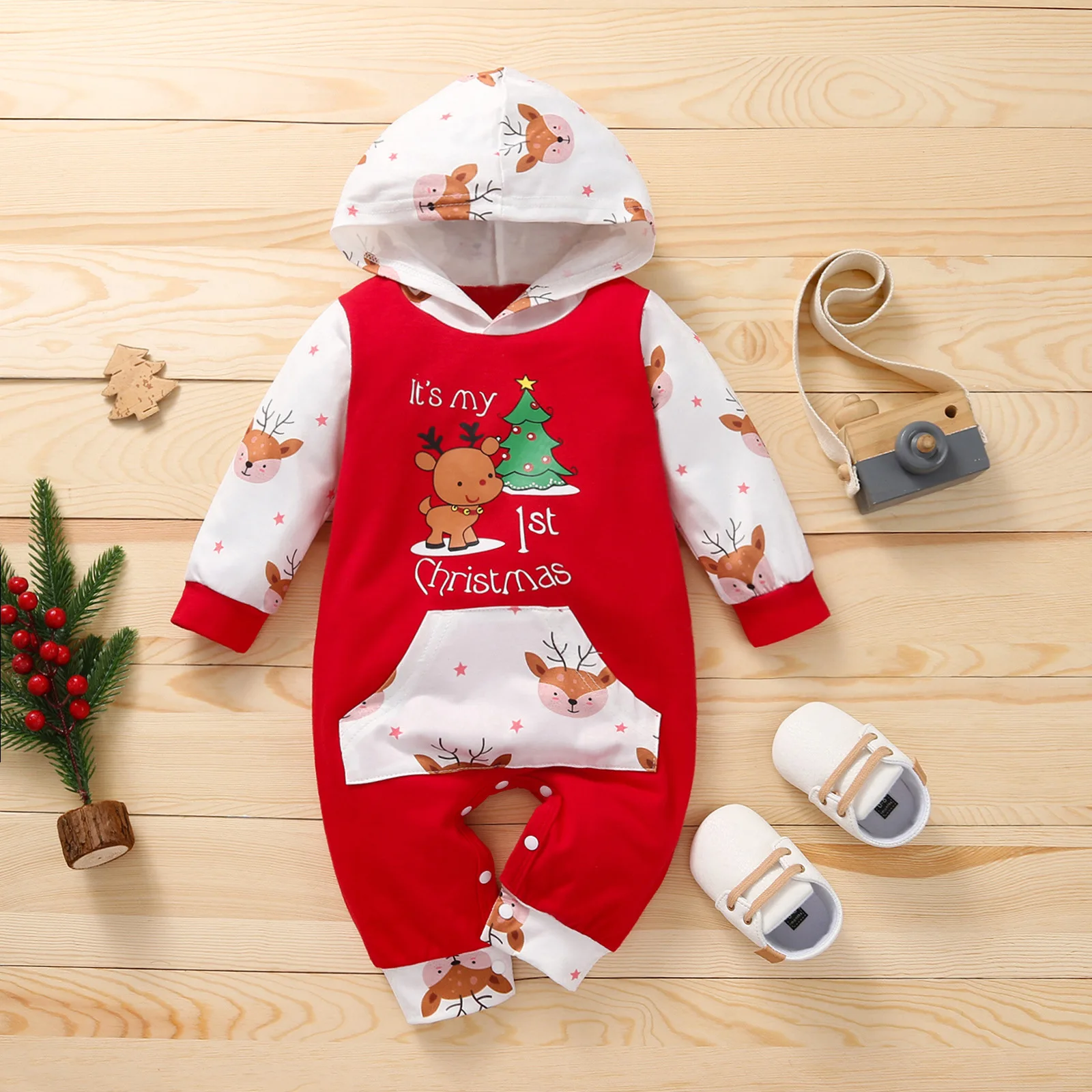 Christmas Winter Knit Baby Romper Baby Rompers Wholesale Cartoon Print Hooded Baby Romper