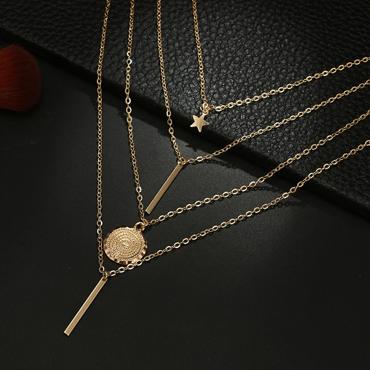 Latest Fashion Beach Gold Star Coin Pendant Necklace Designs Accessories Jewelry Women Multi Layered Chain Clavicular Necklace