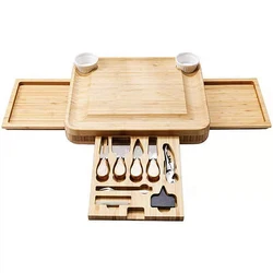 Wholesale OEM Multi-function Bamboo Cheese Cutting Board with Knife Set Tableware Box Ceramic Bow 3 Drawers