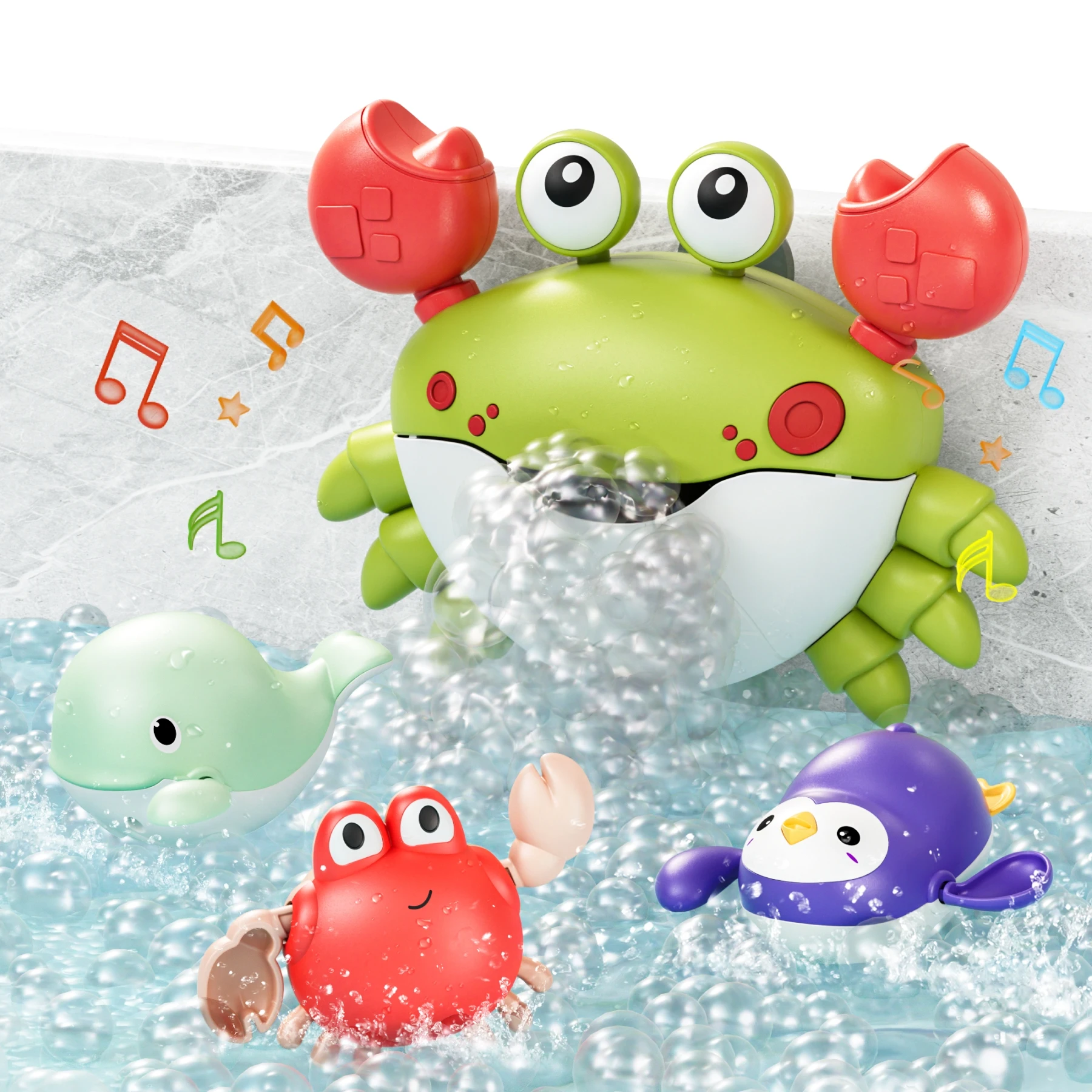 Tumama Kids Crab Bubble Machine Baby Shower Toy With 3Pcs Wind-up Swimming Bath Toy Set Bubble Maker Baby Bath Toys
