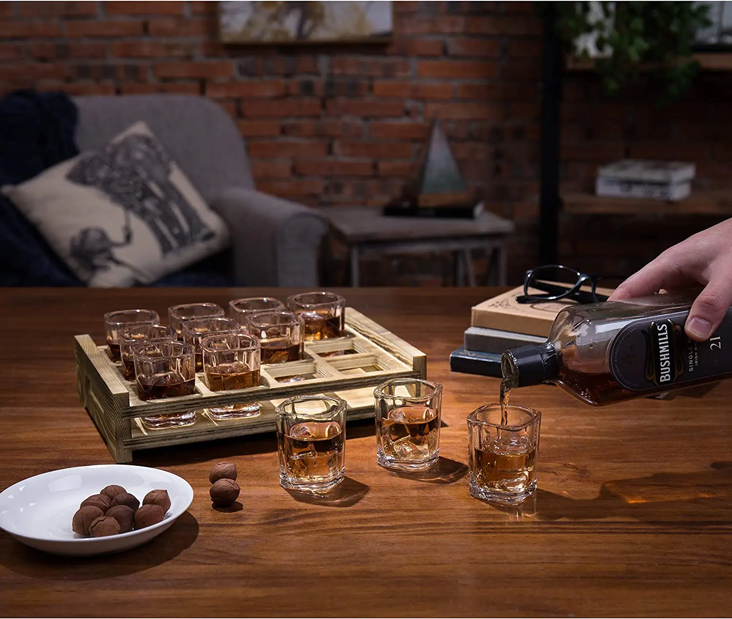 Shot Glasses Server Set Includes 12 Square Glasses and Whitewashed Wood Serving Tray