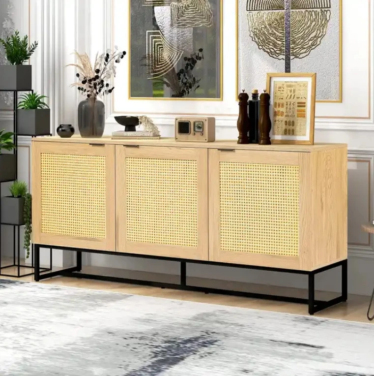 Oak Sideboard Buffet Cabinet, Accent Storage Cabinet with 3 Rattan Doors, Modern Storage Console Table
