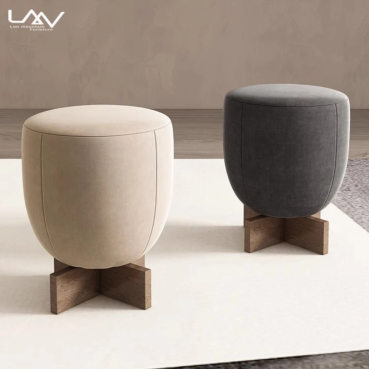 Nordic Design Bedroom Living Room Dressing Stool Furniture Fabric Wooden Frame Hotel Villa Apartment Sofa Corner Round Ottoman
