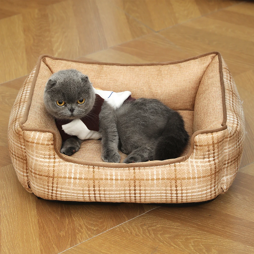 Linen Square Pet Bed Dog Kennel Soft Comfortable Cat Nest Deep Sleep Pet Mat Bed Four Seasons General Warm Dog Bed Cat Cushion