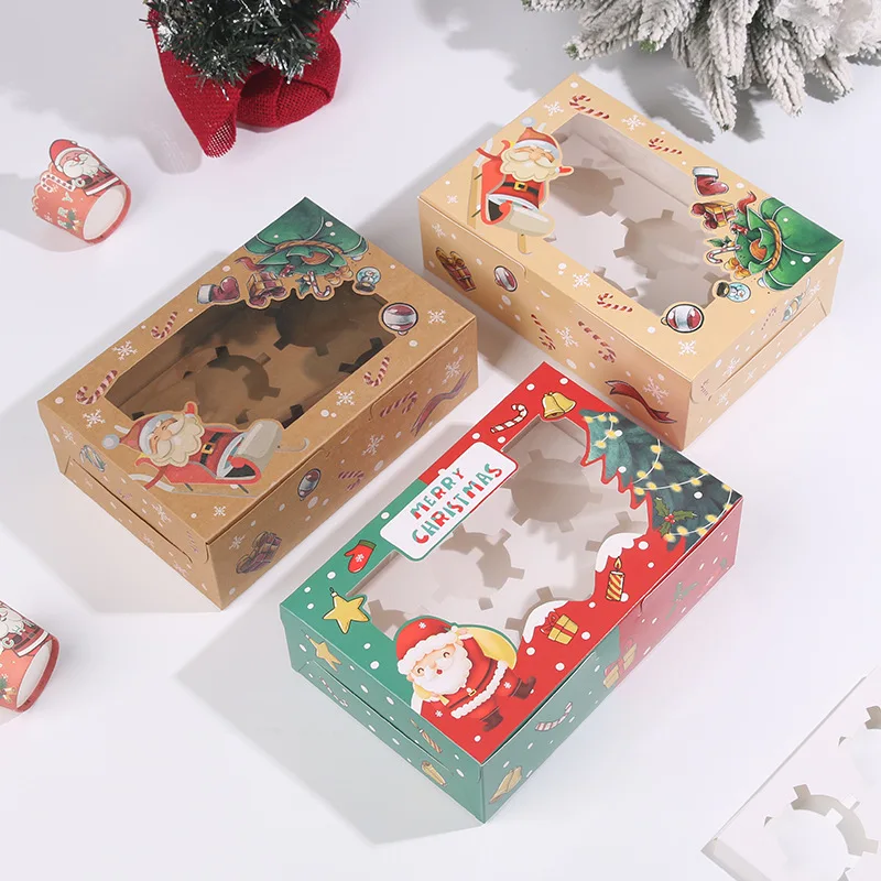 Christmas Cupcake Boxes Muffins Cupcake Carriers Holder Pastry Containers Bakery Candy Cookie Gift Treat Box with Window Party