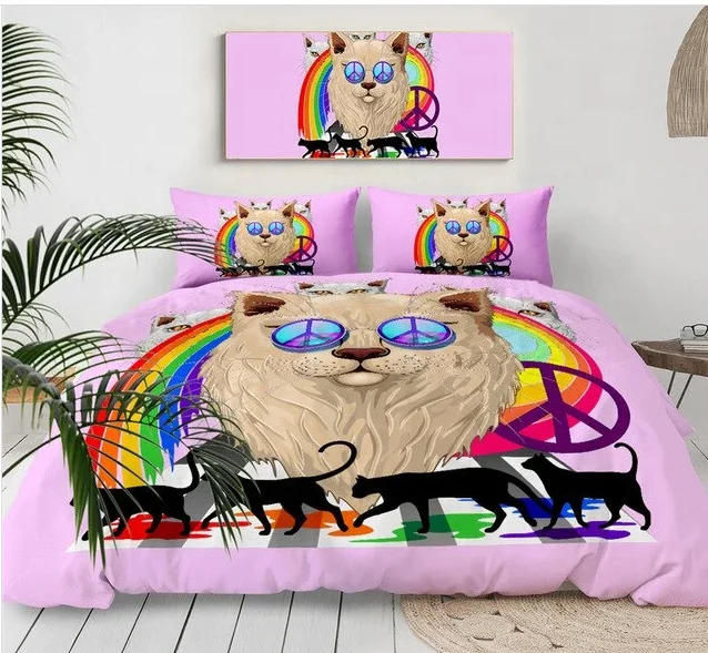 
Rainbow Pink Cat Bedding Set Cartoon Bedding Set Bamboo Sets Bed Sheets 3D 