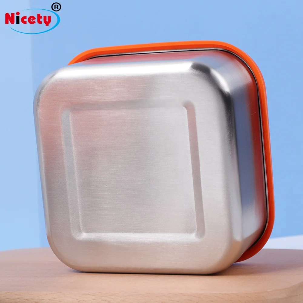 18/8 Stainless Steel Food Containers With silicone lid Medium Snack Quadrate Lunch Box For Kids Leakproof Lunchbox For Adults