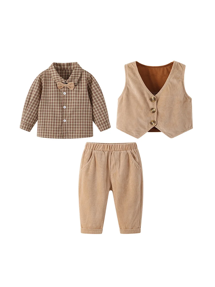 2024 Spring Autumn British Style First Year Old Clothes Suit Children Boy Clothing Set Breathable Three-Piece Corduroy Plaid Set