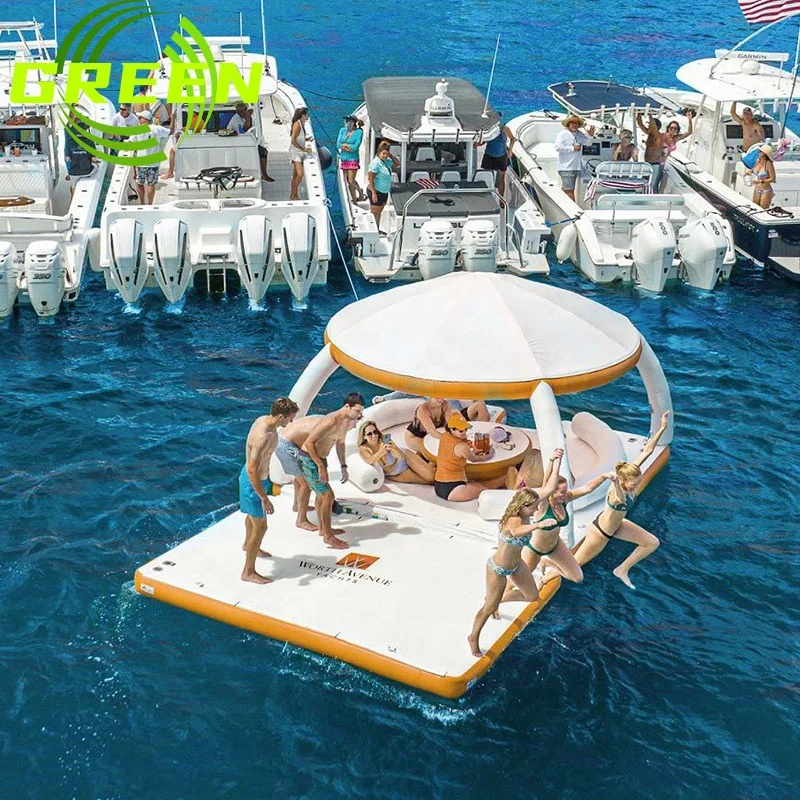 GREEN inflatable aqua bana floating lily pad lake float lounger dock platform with tent shades