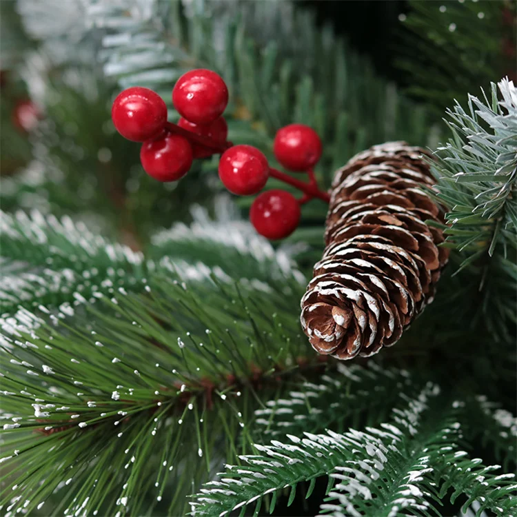 Custom High Quality 120-300cm Pine Needle Red Berry PE PVC Leaf Big Green Automatic Christmas Tree With White Snow Flock Tips