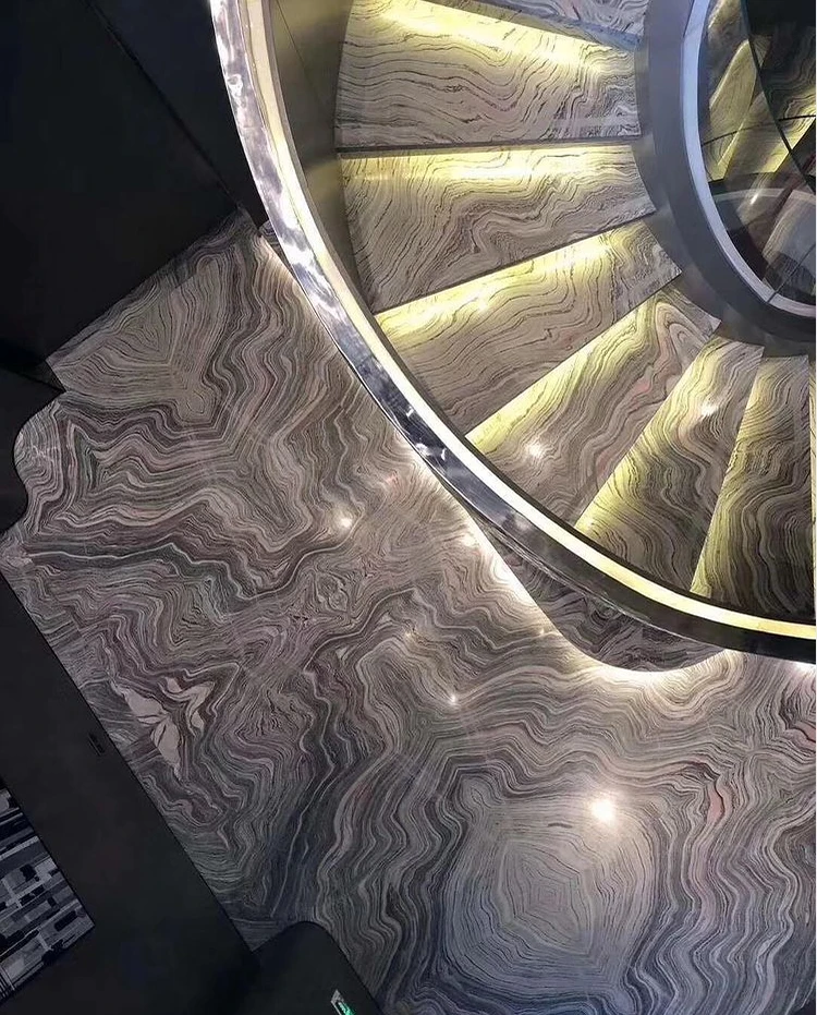 Luxury Indoor Natural Marble Treads Spiral Landscape Purple Marble Staircases