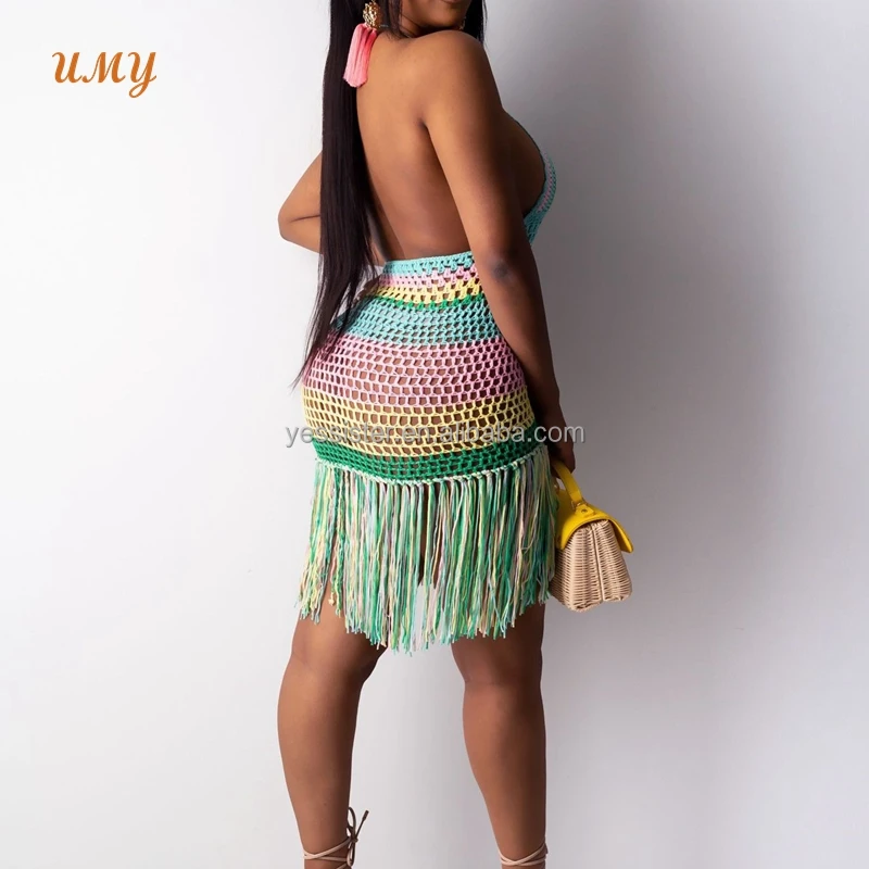 Handmade Wedding Multicolor Knitted Dress with Hollow Tassel crochet beach wear Cover Ups for Adults