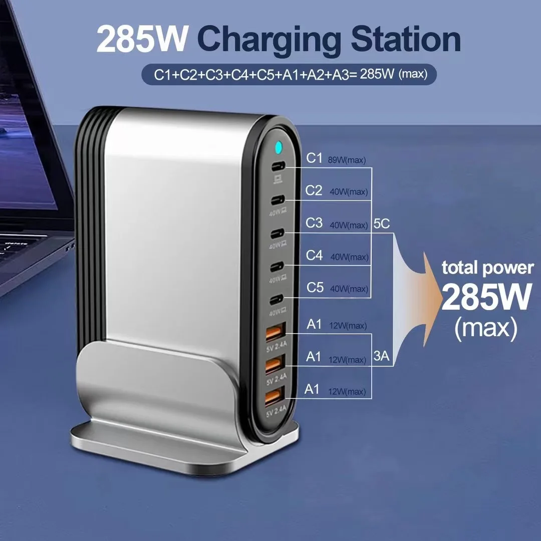 US EU AU UK Plug 200W GaN Adapter Fast Charging 8 Ports Power Supply Type C USB A PD Quick Charge 3.0 Wall Charger