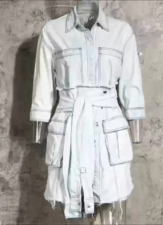 Street Wear Ladies Dress Set Color Bleach Stylish Cargo Pocket Skirt with Long Blouse 100% Cotton Mini Casual Dresses Natural