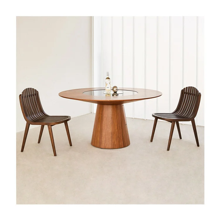 Wholesale Luxury Walnut Veneer Home Restaurant Round Wooden Leg Dining Table With Center Rotating Glass Top Round Dining Table