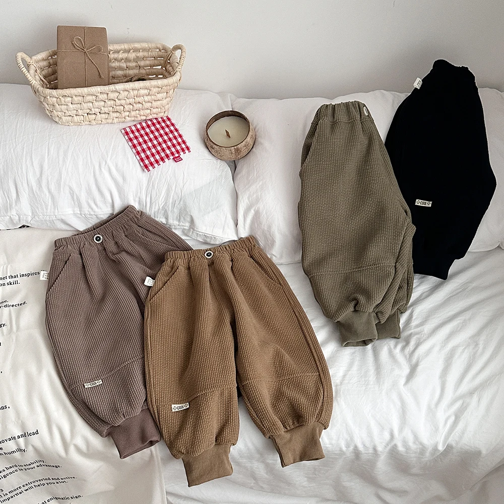 Purorigin Toddler Boy Clothes Self-heating Fabric Warm Winter Brown Corduroy Casual Kids Tracksuits Trousers Fleece Sweatpants