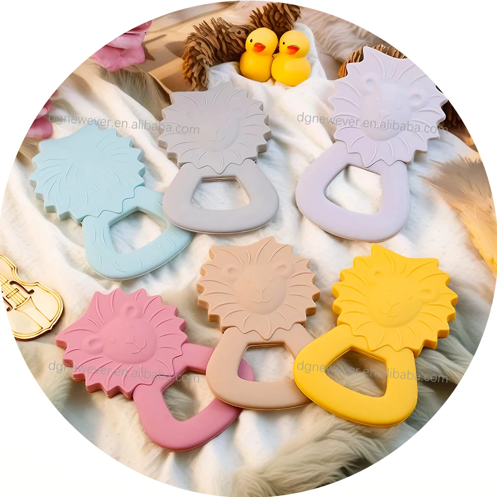 2024 New Unisex Lion Shaped BPA Free Silicone Rattle Teether Soft Toy Educational Montessori Sensory Baby Teething Toy Gift Set