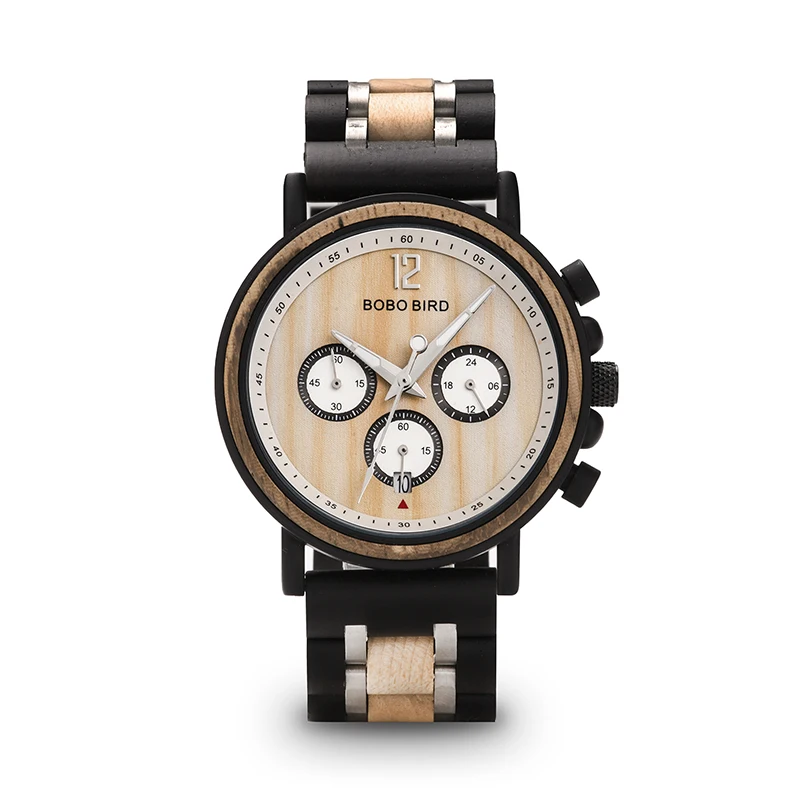 BOBO BIRD Handmade Stainless Steel Montre Homme Wood Watches Stop Function Watches Mens Top Brand Wood Watches with OEM LOGO