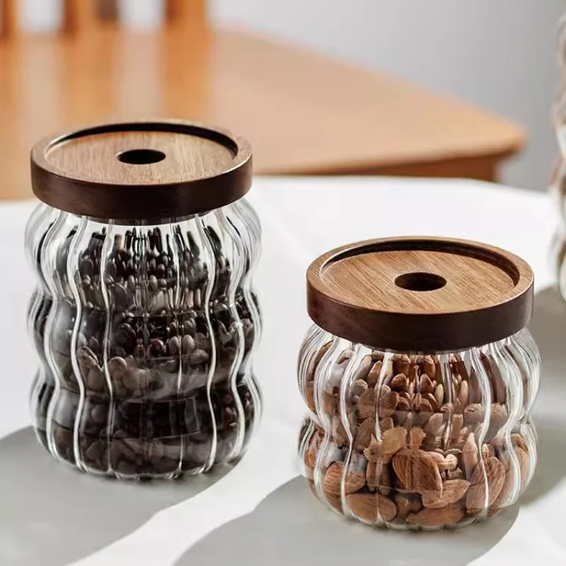Glass storage pot coffee bean container transparent glass storage pot wooden cover glass jars and containers