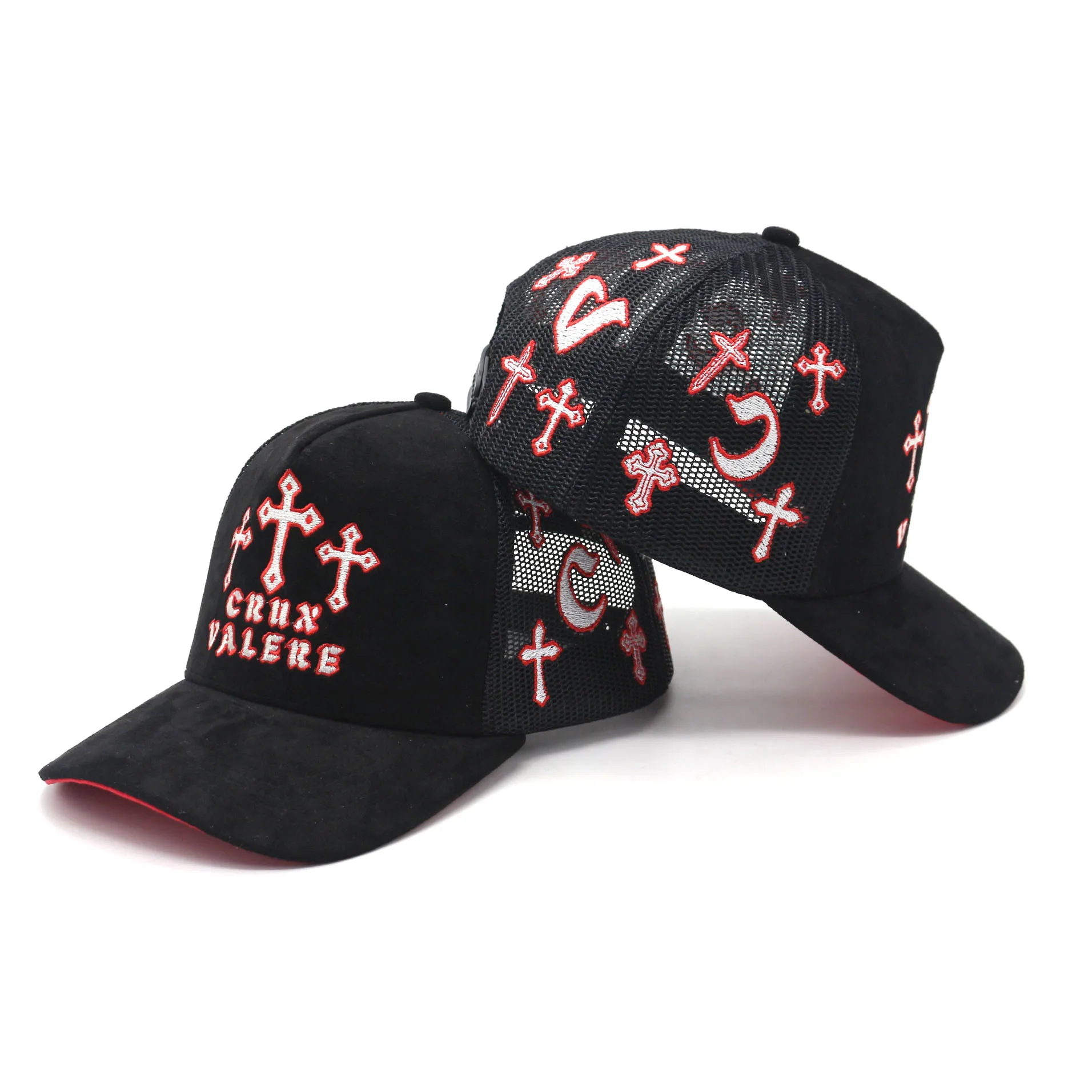 high quality customized all over embroidery  5 panel mesh suede trucker hat wholesale