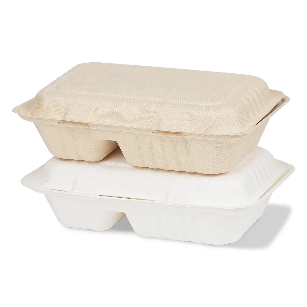 Custom logo restaurant takeaway microwave safe food grade 2 compartment bento box Bagasse Clamshell