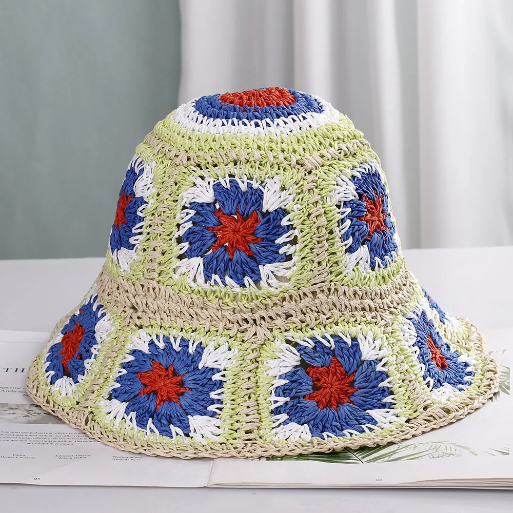 Bohemian Style Womens Straw Hats Weave Hollow Flower Bucket Hat UV Protection Sunhat Visors Ladies Summer Beach Hat Cap