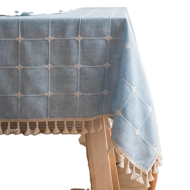 Fresh Japanese-style cotton linen tablecloth blue pink striped checked embroidered rectangular table cloth for home use