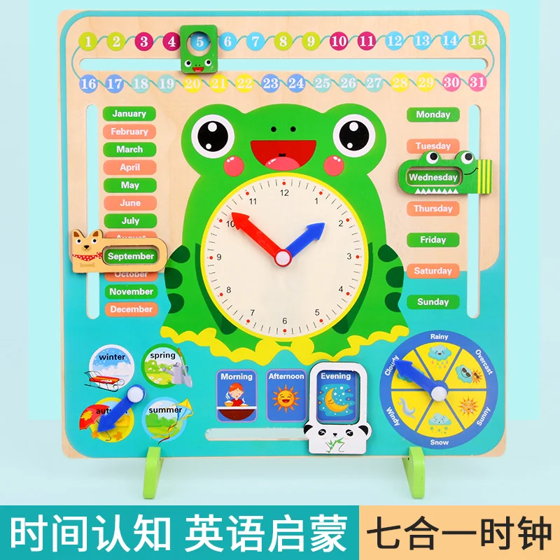 Preschool education children learning cognitive seasons time/monthly calendar clock toy wooden educational toy manufacturing