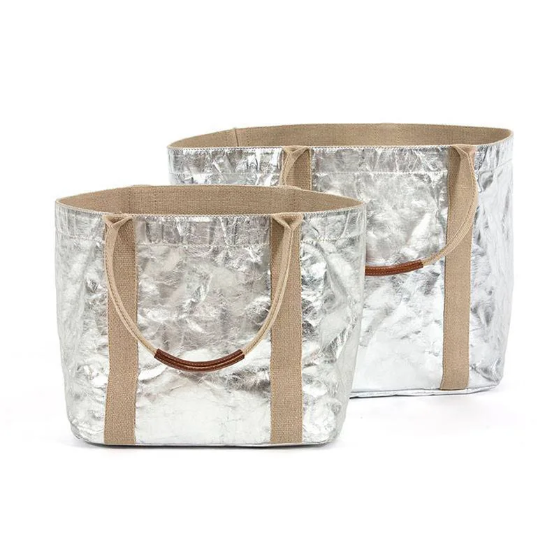 Eco Friendly Leisure Washable Kraft Paper Silver Metallic Tote Bag With Custom Printed Logo