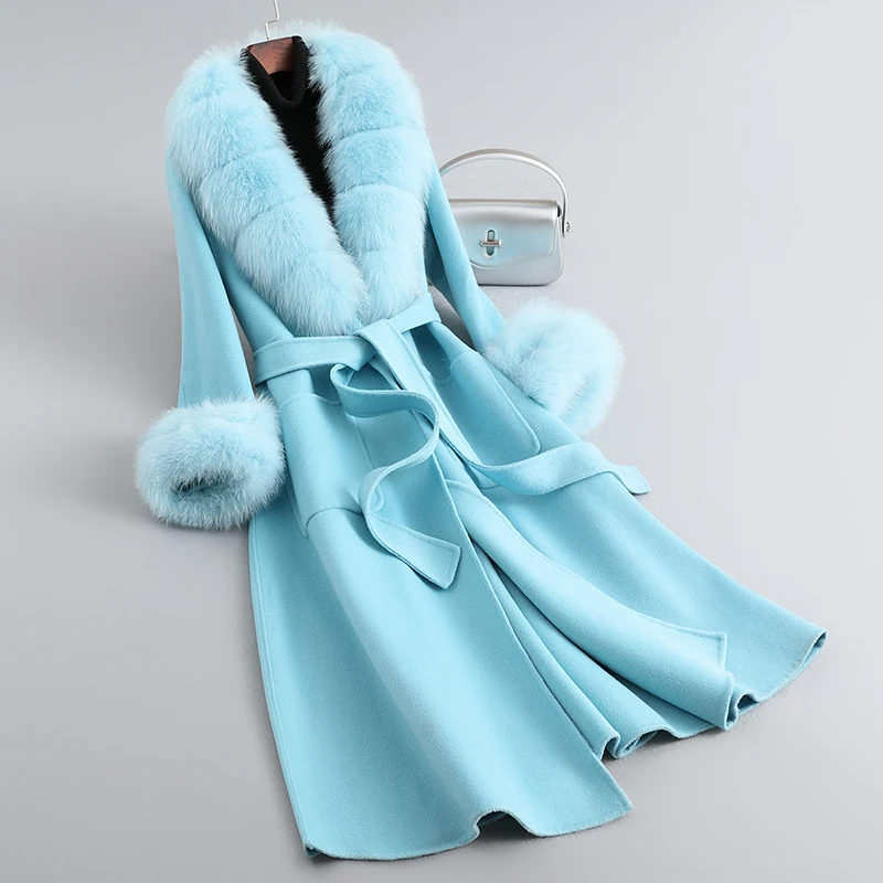 Female Wool Tweed 2023 Winter Warm Long Coats Lady Girl Fox Fur Collar Cashmere Overcoat Parka JT3384