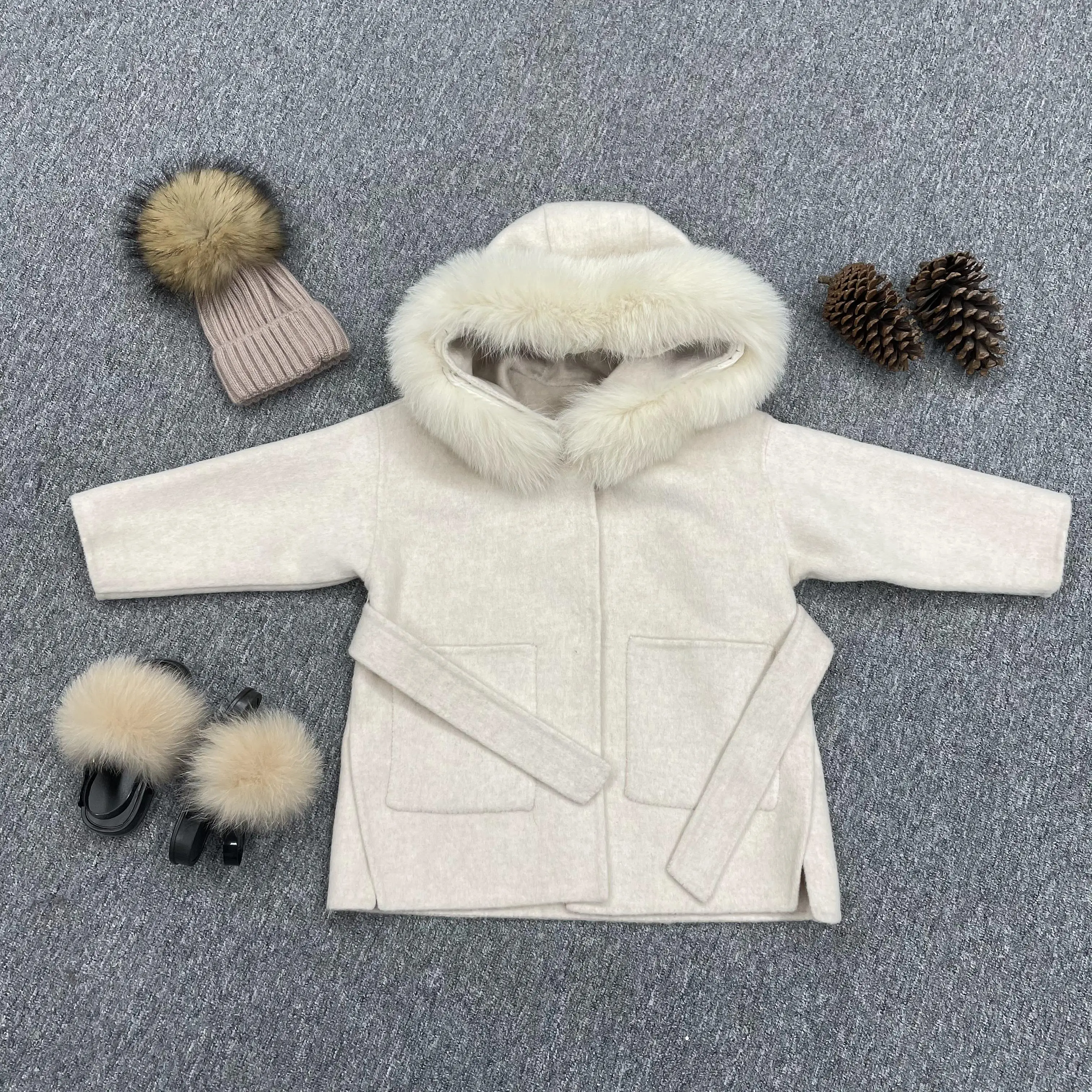 Janefur New Arrival Wool Overcoat For Kids Trench Coat Real Fox Fur Cuffs Girls Winter Cashmere Wool Kids Jacket