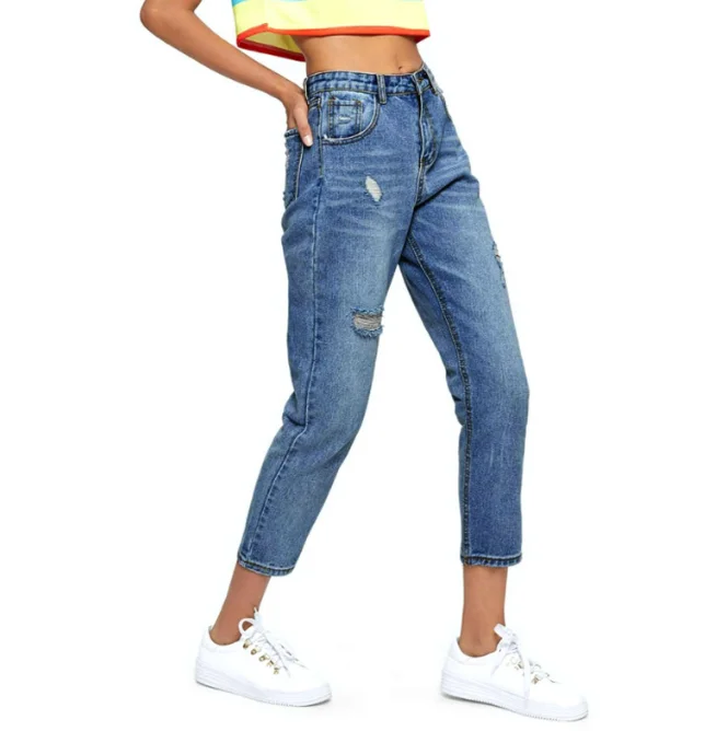 Wholesales loose jeans women spring and autumn fashion design cotton denim ripped washed trousers