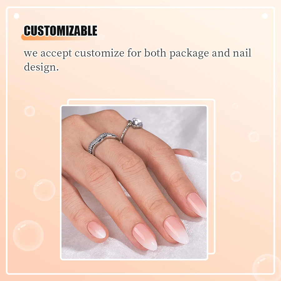 Gradient Almond Nails Ombre False Nails Press on Nails Faux Ongles Pink to White Natural with Graceful Full Cover Acrylic Finger