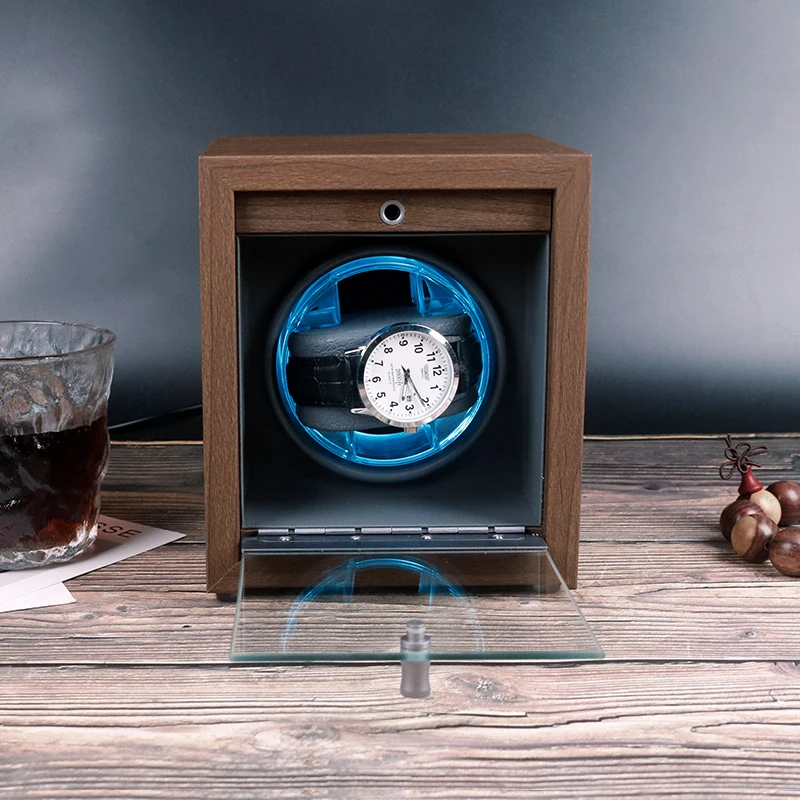 Wholesale Walnut Luxury Led Safe Watch Winder Tpd Wood Grey Single Automatic Watch Winder Gyroscope Cabinet Rotating Watch Case