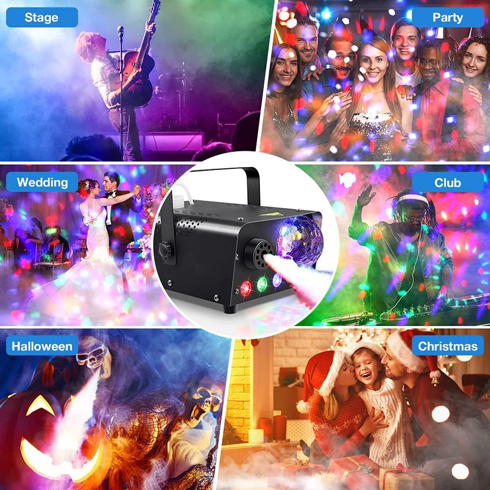 Smoke Machine Disco Ball Light 600W Fog Maker RGB LED light 2300 CFM Spray Remote Control For Halloween Christmas Wedding Party