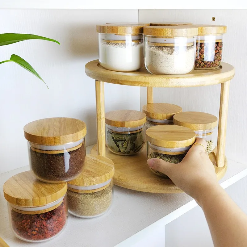 Hot Rotatable Two-Wheel Table Bamboo Wooden Spice Jar Organizer