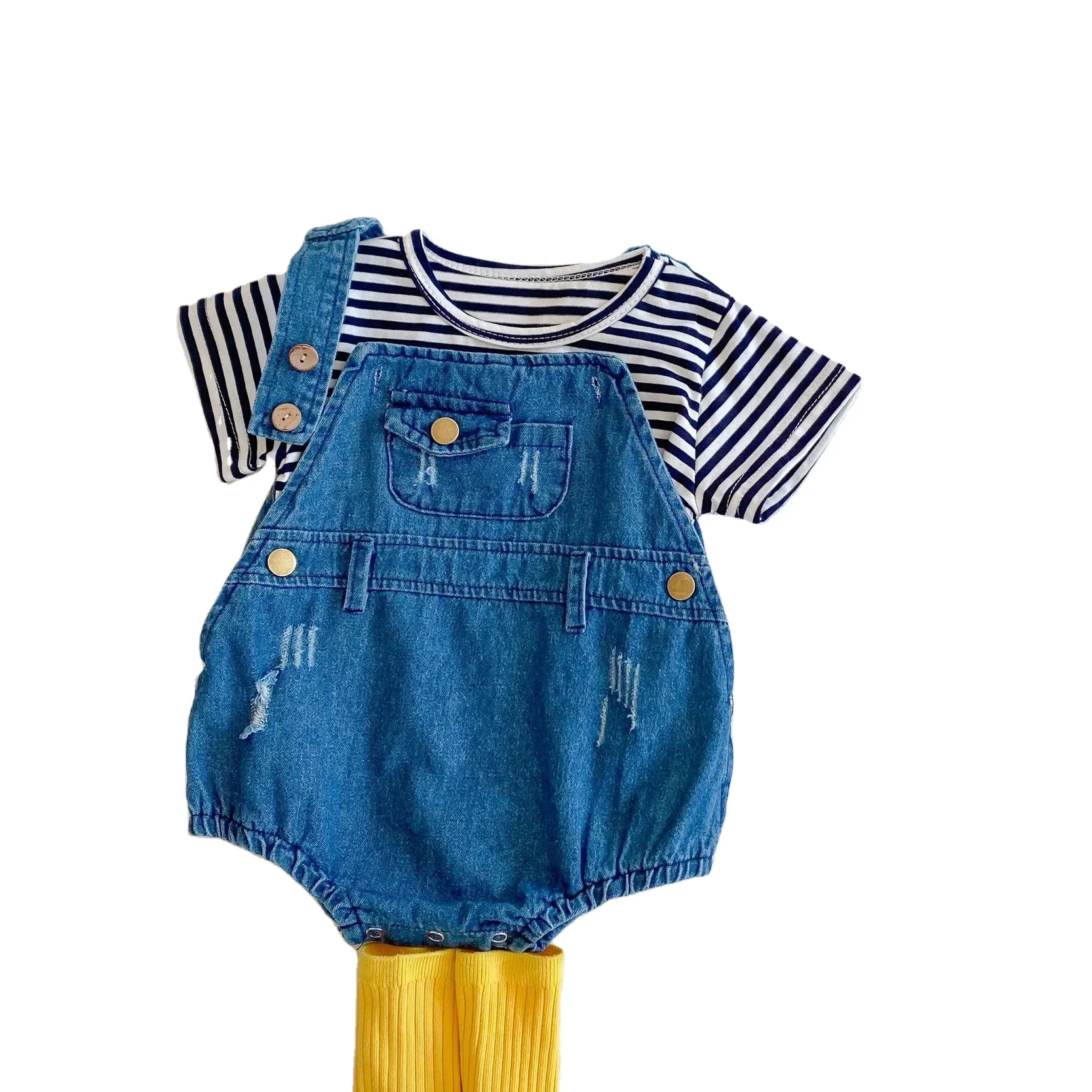 Best-Selling Spring Summer Ins Cotton Denim Suspender Pants Striped T-Shirt New Products for Baby Girls Two-Piece Snap Button