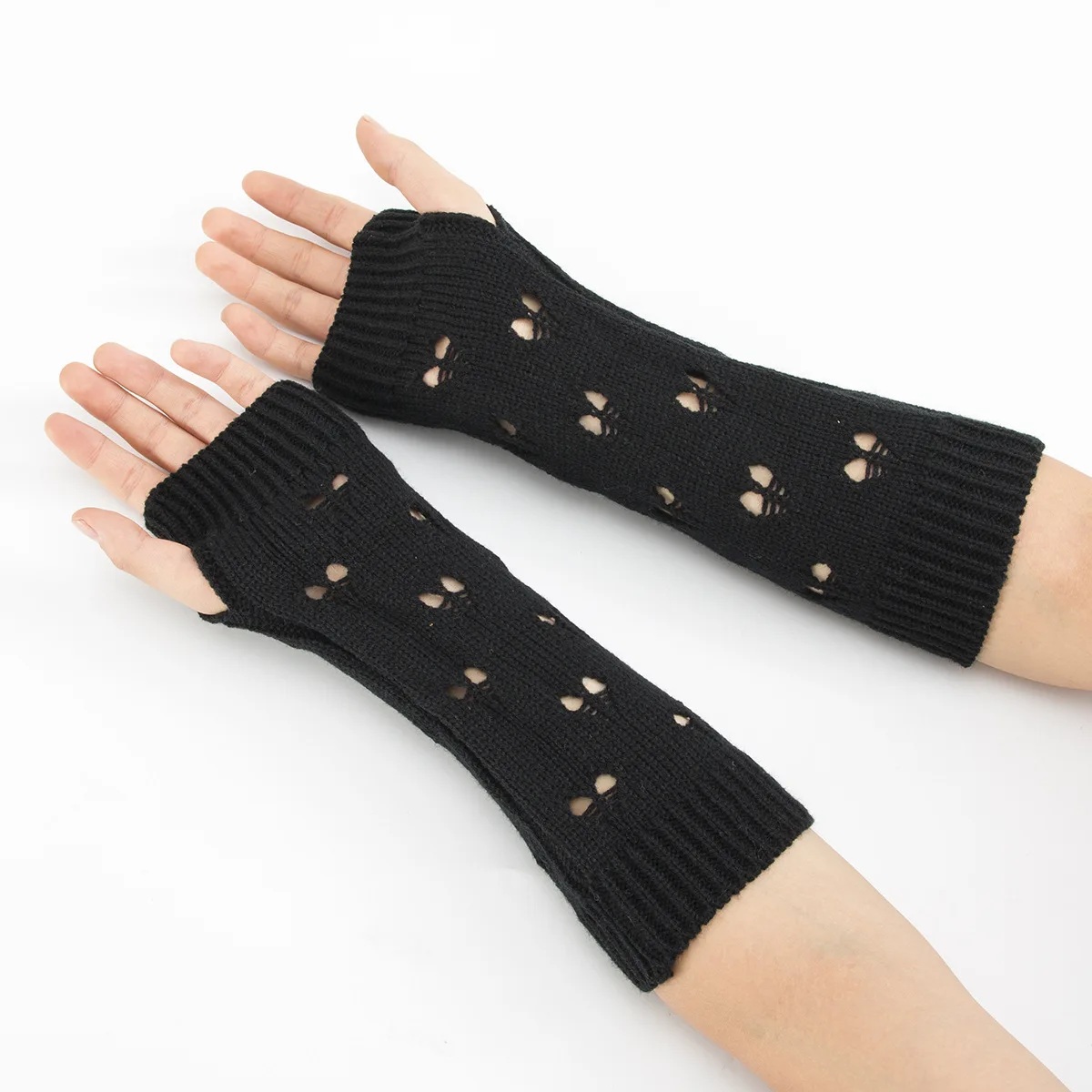 High quality Stylish Hand Warmer Winter Women Arm Crochet Knitting Hollow Heart Mitten Warm Fingerless Acrylic Gloves