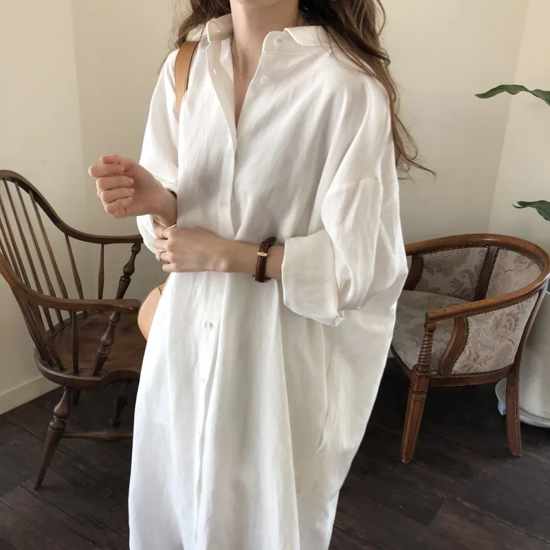 PDEP  Korea lazy wind simple long over the knee shirt dress solid colour lapel cardigan long sleeve cotton dresses women casual