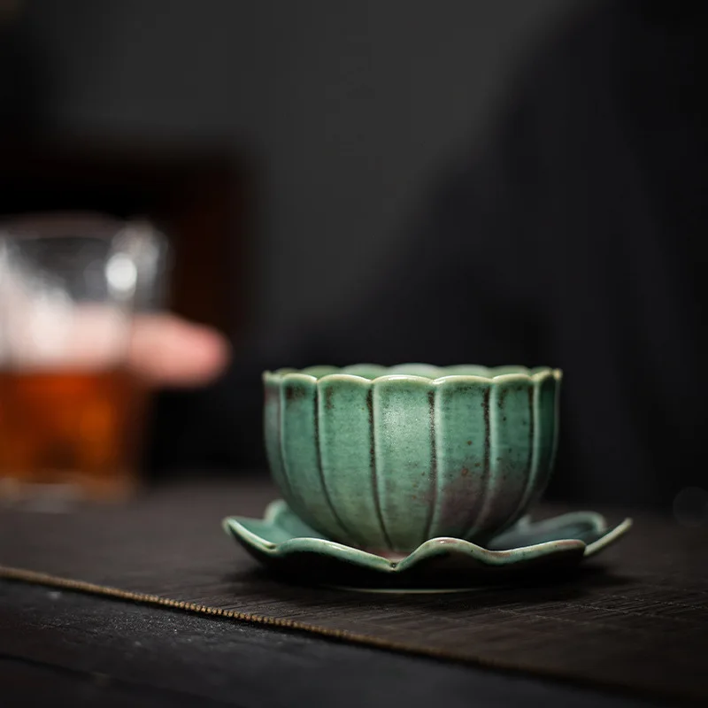 Kiln Baked Glow Lotus Cup And Saucer Sets Japanese Stoneware Kung Fu Teaware Small Master Cup Teacup Single Cup Coaster