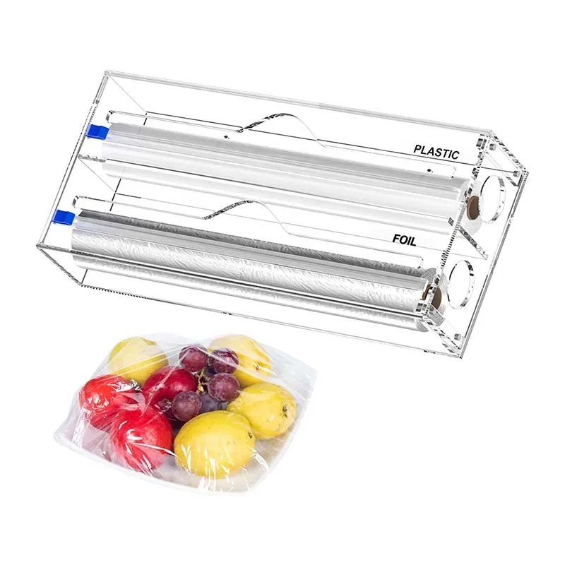 Custom 3 In1 Acrylic Foil Dispenser With Slide Cutter Organizer Acrylic Wrap Dispenser And Labels