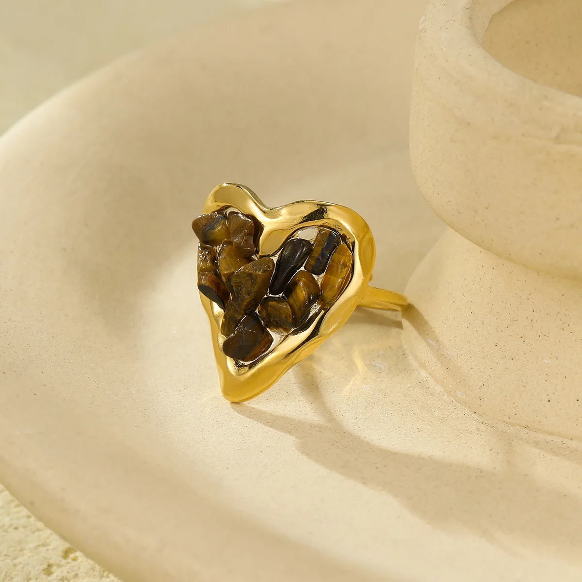 Women Rough Amethyst Rose Quartz Rings Wholesale Natural Crystal Jewelry Adjustable 18K Gold Plated Love Heart Stone Rings